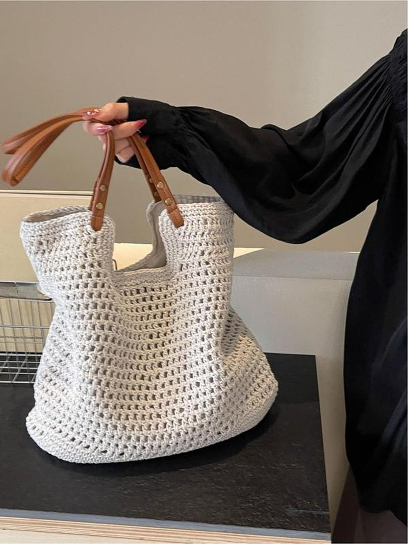 Women'S Solid Color Crochet Shoulder Bag, Large Capacity Tote Bag for Travel, Casual Trendy Versatile High-Quality Daily Commuting Bag, Girl Fashionable Shopping Bag