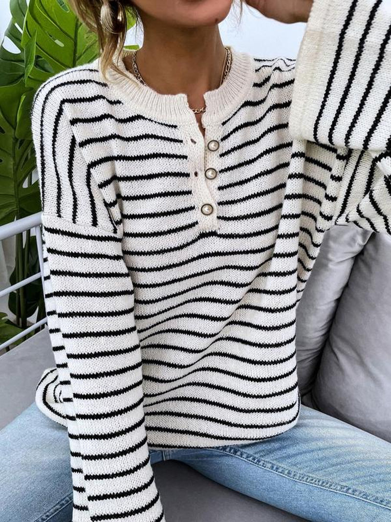 Women'S Colorblock Striped Print Button Front Drop Shoulder Sweater, Casual Long Sleeve round Neck Jumper for Fall & Winter, Fashion Ladies' Knitwear for Daily Wear