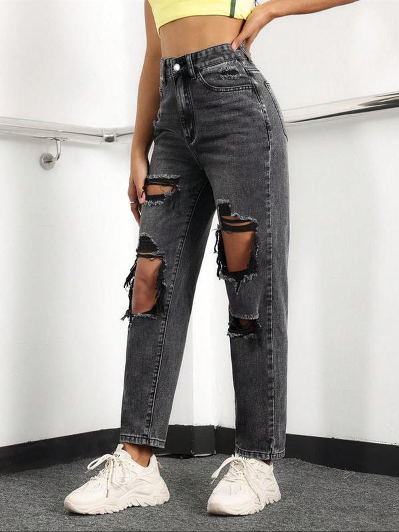 Women'S High Waist Ripped Denim Jeans, Casual Fitted Long Pants, Plain Pattern, Zipper Fly, All Seasons Fashion