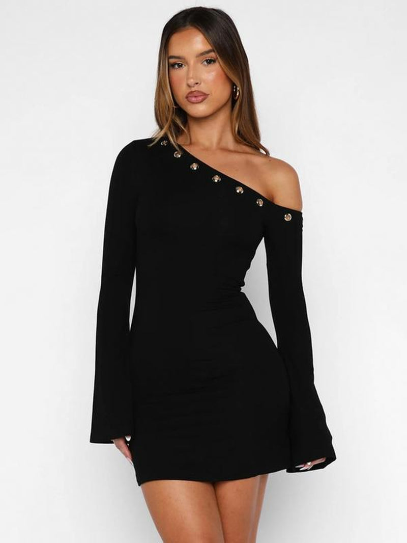 Women'S Slim-Fit Sexy Dress, Summer & Autumn Fashion, Plain Color Asymmetrical Neckline Hollow Out Design, Casual Wear for Women