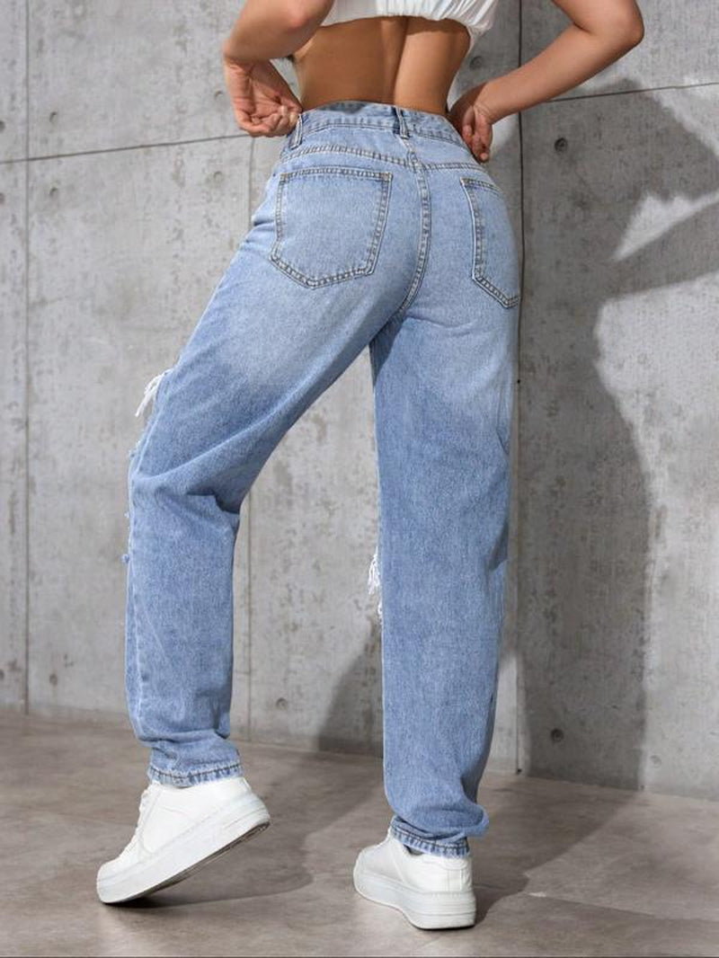 Women'S High Waist Ripped Denim Jeans, Casual Fitted Long Pants, Plain Pattern, Zipper Fly, All Seasons Fashion