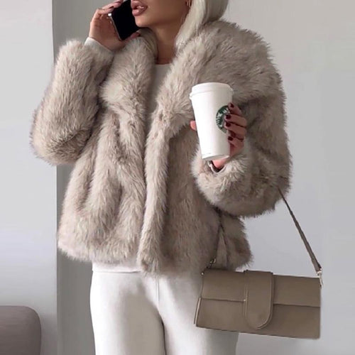 Chicme 2025 FW Women'S Turn-Down Collar Long Sleeve Faux Fur Coat Jacket Casual Warm Fluffy Cropped Coat