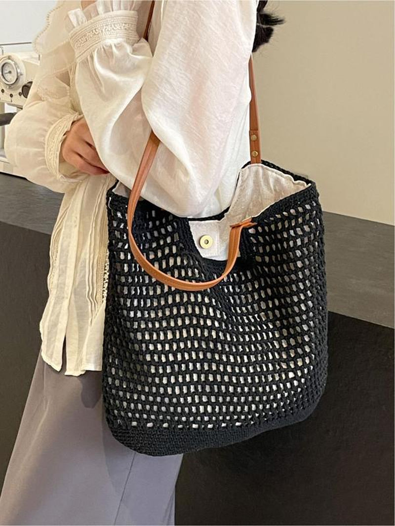 Women'S Solid Color Crochet Shoulder Bag, Large Capacity Tote Bag for Travel, Casual Trendy Versatile High-Quality Daily Commuting Bag, Girl Fashionable Shopping Bag