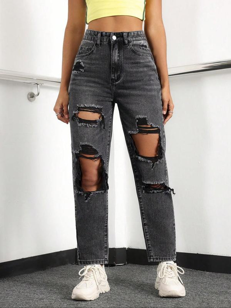Women'S High Waist Ripped Denim Jeans, Casual Fitted Long Pants, Plain Pattern, Zipper Fly, All Seasons Fashion