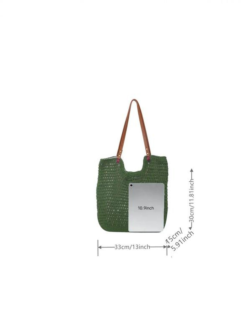 Women'S Solid Color Crochet Shoulder Bag, Large Capacity Tote Bag for Travel, Casual Trendy Versatile High-Quality Daily Commuting Bag, Girl Fashionable Shopping Bag