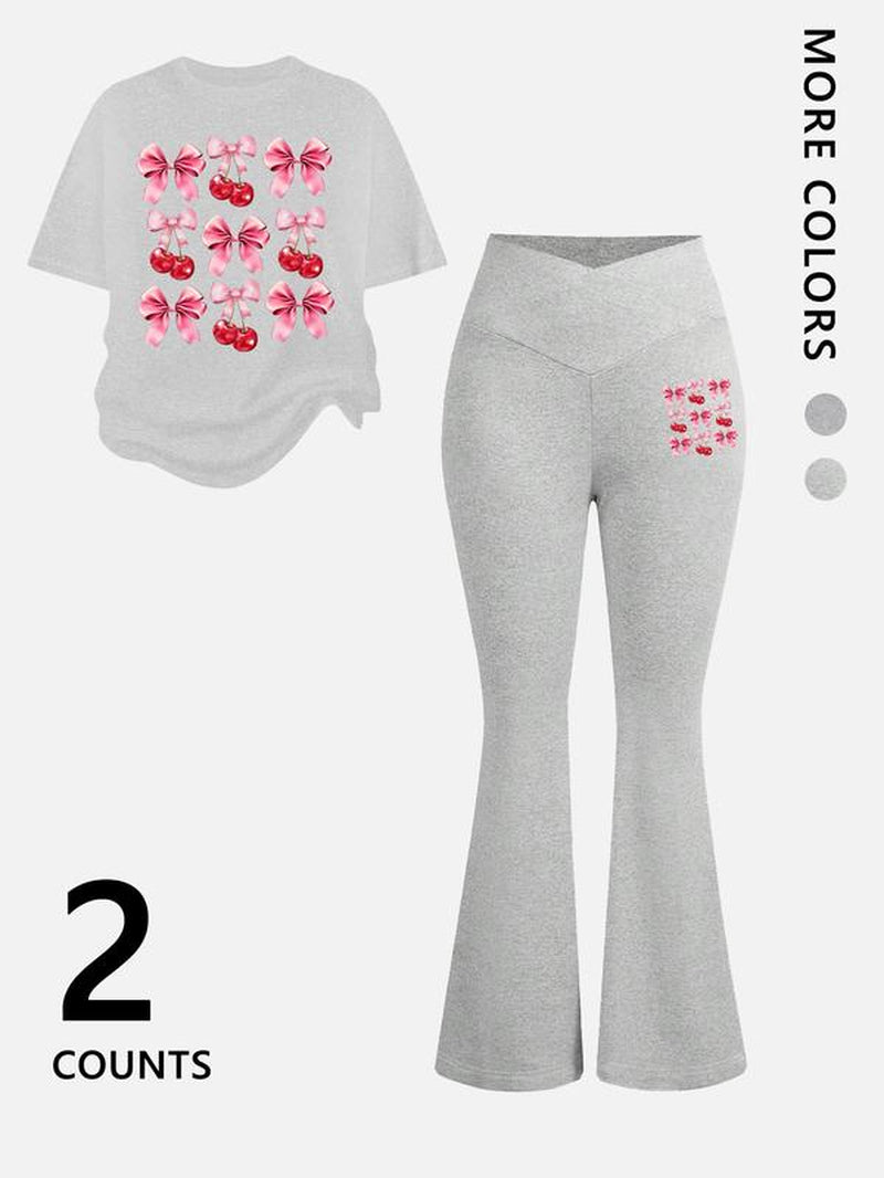Two-Piece Women'S Suit Featuring Number 23 Bow Print Drop Shoulder T-Shirt and Flared Pants. This Stylish Two-Piece Set Is Perfect for Everyday Wear and Is Trendy for All Seasons, Womenswear