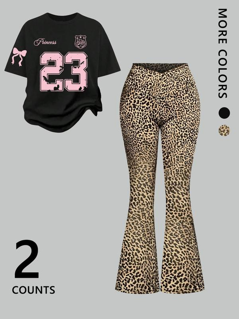 Two-Piece Women'S Suit Featuring Number 23 Bow Print Drop Shoulder T-Shirt and Flared Pants. This Stylish Two-Piece Set Is Perfect for Everyday Wear and Is Trendy for All Seasons, Womenswear
