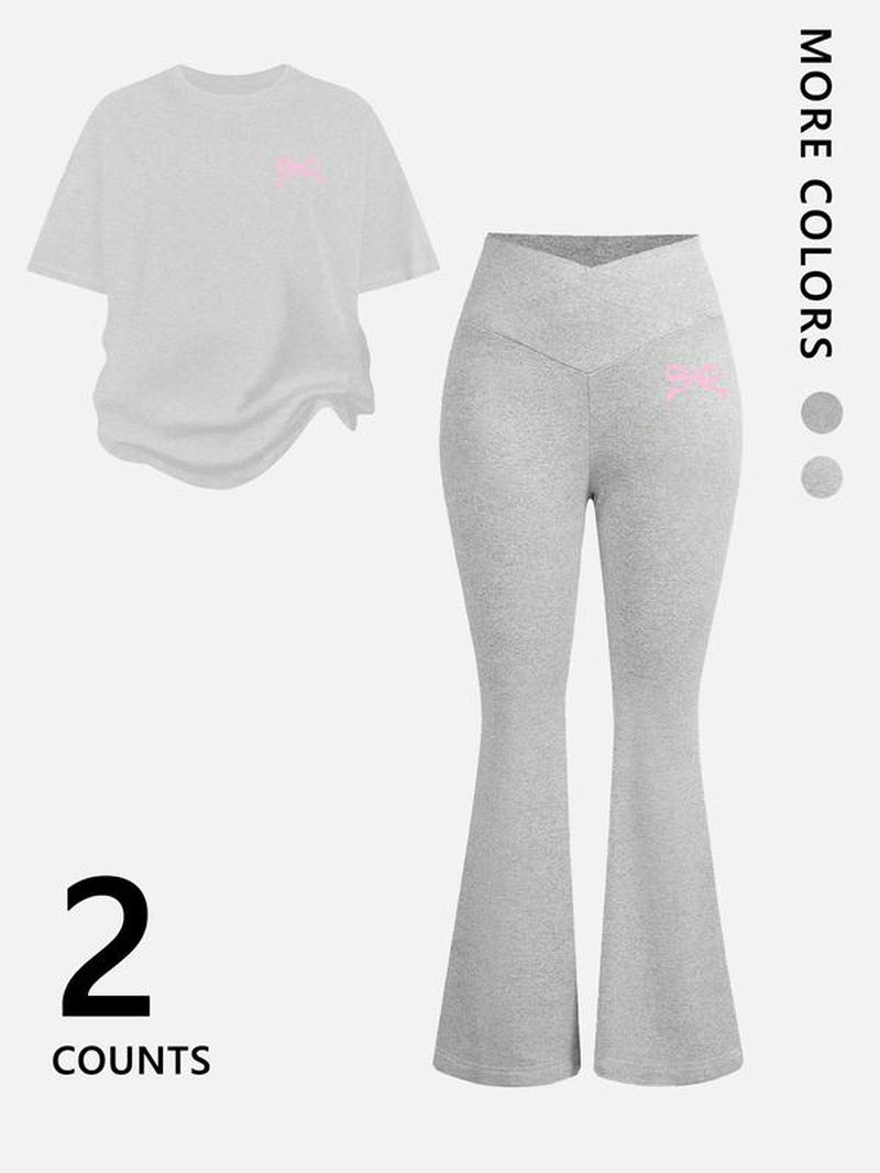 Two-Piece Women'S Suit Featuring Number 23 Bow Print Drop Shoulder T-Shirt and Flared Pants. This Stylish Two-Piece Set Is Perfect for Everyday Wear and Is Trendy for All Seasons, Womenswear