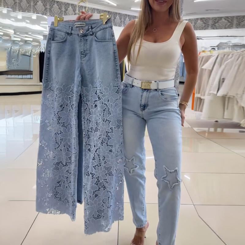 Chicme Guipure Lace Spliced High Waist Zipper Fly Wide Leg Washed Jeans