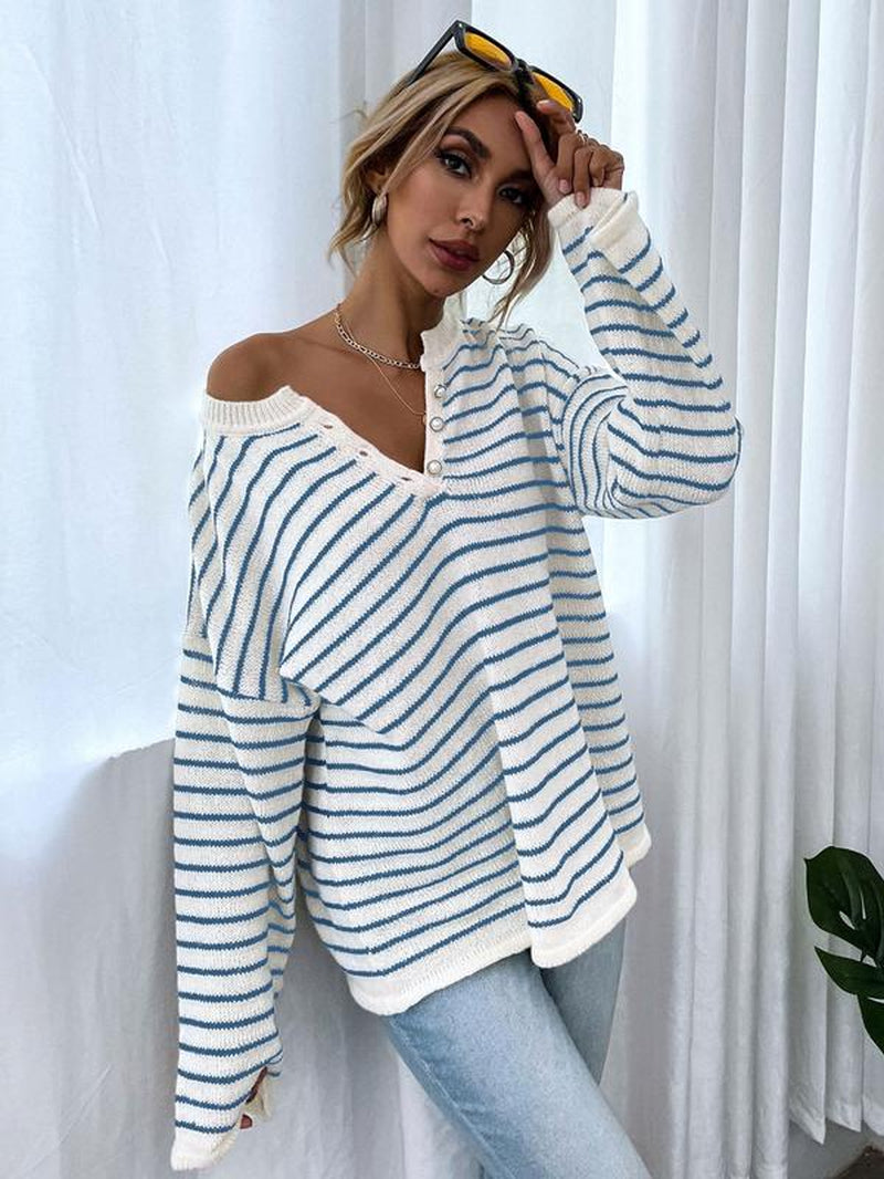 Women'S Colorblock Striped Print Button Front Drop Shoulder Sweater, Casual Long Sleeve round Neck Jumper for Fall & Winter, Fashion Ladies' Knitwear for Daily Wear