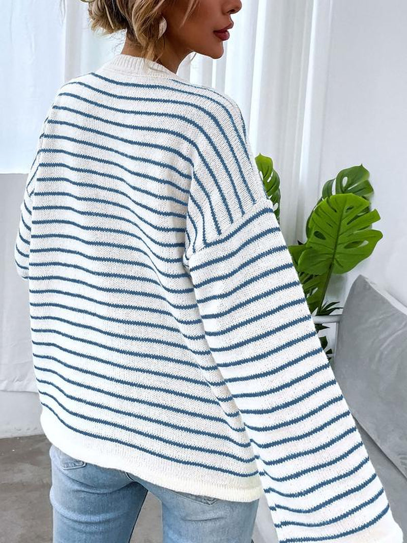 Women'S Colorblock Striped Print Button Front Drop Shoulder Sweater, Casual Long Sleeve round Neck Jumper for Fall & Winter, Fashion Ladies' Knitwear for Daily Wear