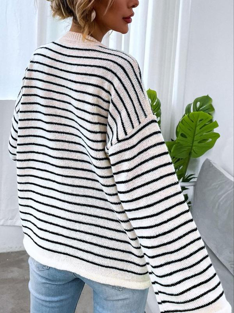 Women'S Colorblock Striped Print Button Front Drop Shoulder Sweater, Casual Long Sleeve round Neck Jumper for Fall & Winter, Fashion Ladies' Knitwear for Daily Wear