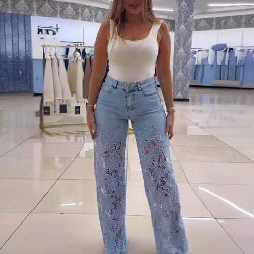 Chicme Guipure Lace Spliced High Waist Zipper Fly Wide Leg Washed Jeans