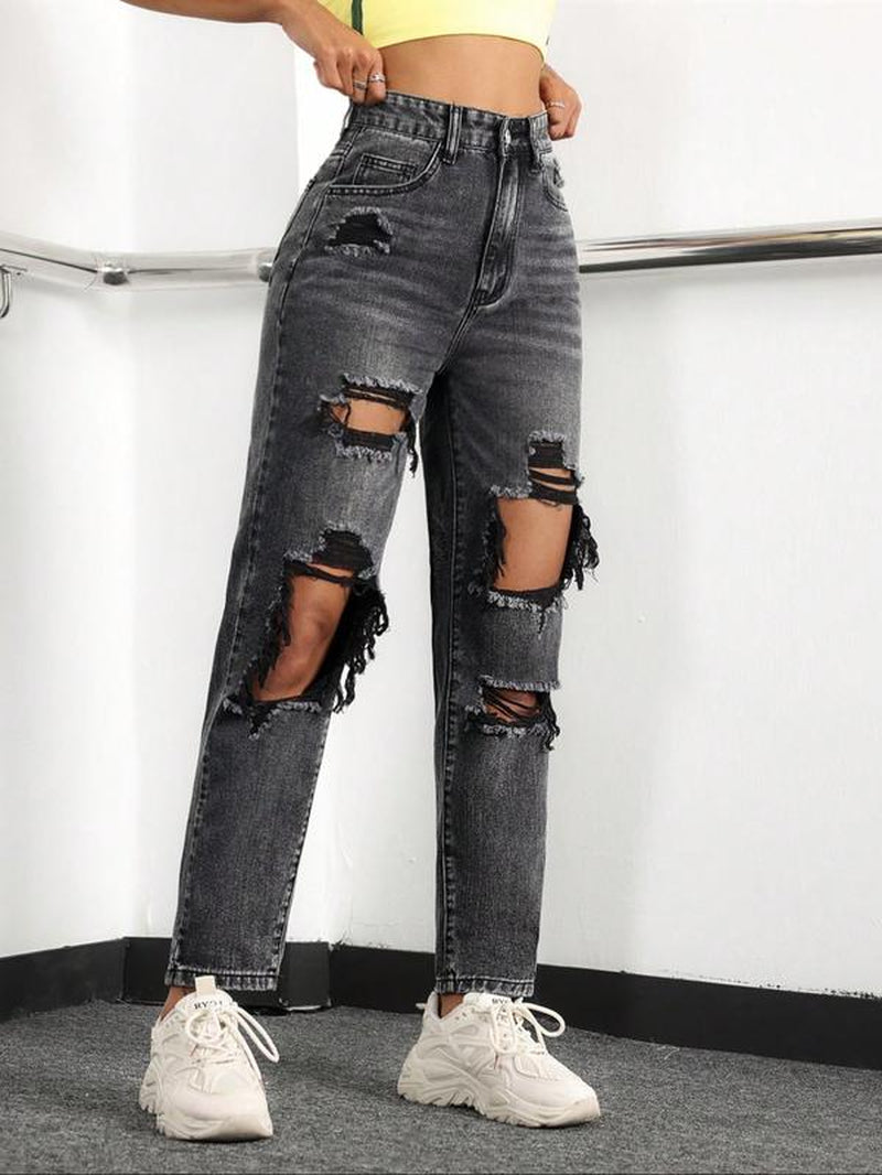 Women'S High Waist Ripped Denim Jeans, Casual Fitted Long Pants, Plain Pattern, Zipper Fly, All Seasons Fashion
