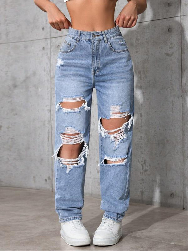 Women'S High Waist Ripped Denim Jeans, Casual Fitted Long Pants, Plain Pattern, Zipper Fly, All Seasons Fashion