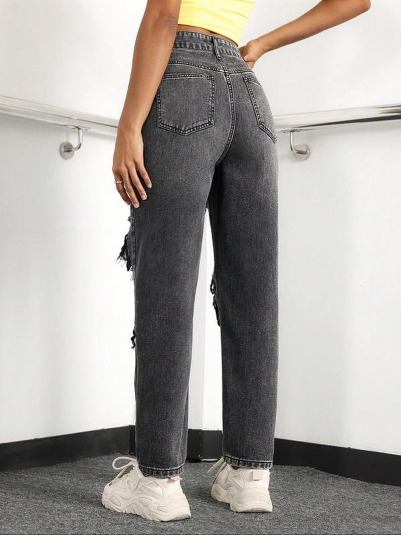 Women'S High Waist Ripped Denim Jeans, Casual Fitted Long Pants, Plain Pattern, Zipper Fly, All Seasons Fashion