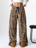 Women'S Leopard Print Bow Decor Elastic Waist Wide Leg Pants, Casual Comfy Trousers for Daily Wear, Ladies Bottoms for Fall & Winter