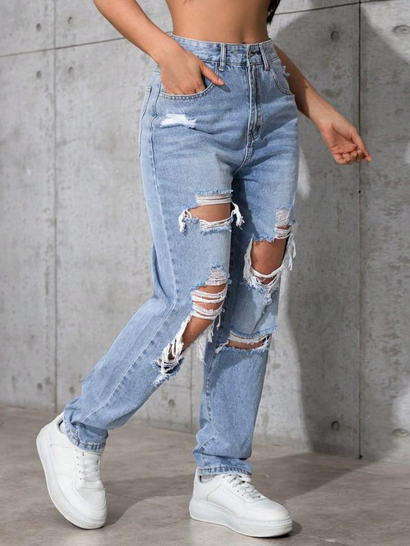 Women'S High Waist Ripped Denim Jeans, Casual Fitted Long Pants, Plain Pattern, Zipper Fly, All Seasons Fashion