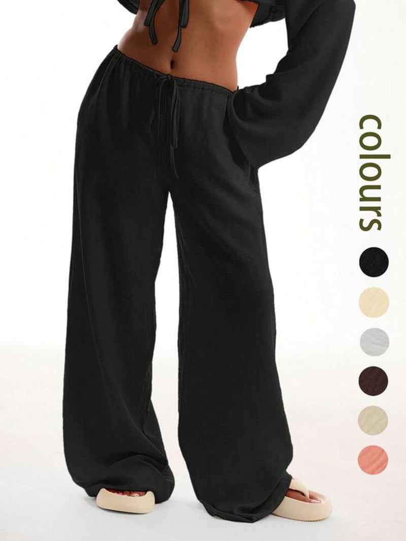 Women'S Solid Pocket Pants, Casual Comfy Wide Leg Trousers for Beach Vacation Holiday, Ladies Bottoms for All Seasons, Baggy Legged Pants