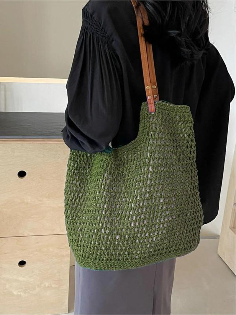 Women'S Solid Color Crochet Shoulder Bag, Large Capacity Tote Bag for Travel, Casual Trendy Versatile High-Quality Daily Commuting Bag, Girl Fashionable Shopping Bag