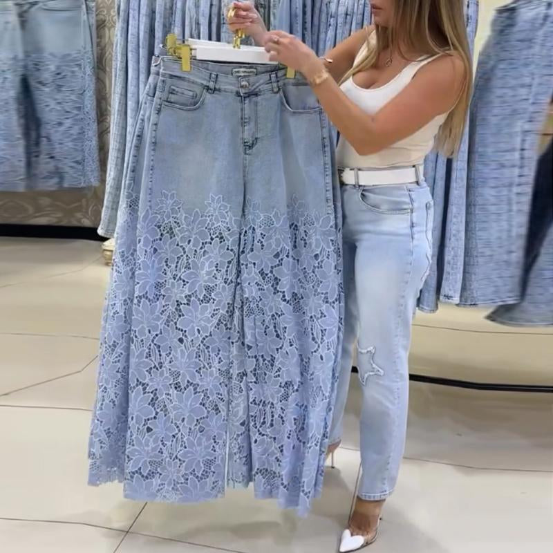 Chicme Guipure Lace Spliced High Waist Zipper Fly Wide Leg Washed Jeans