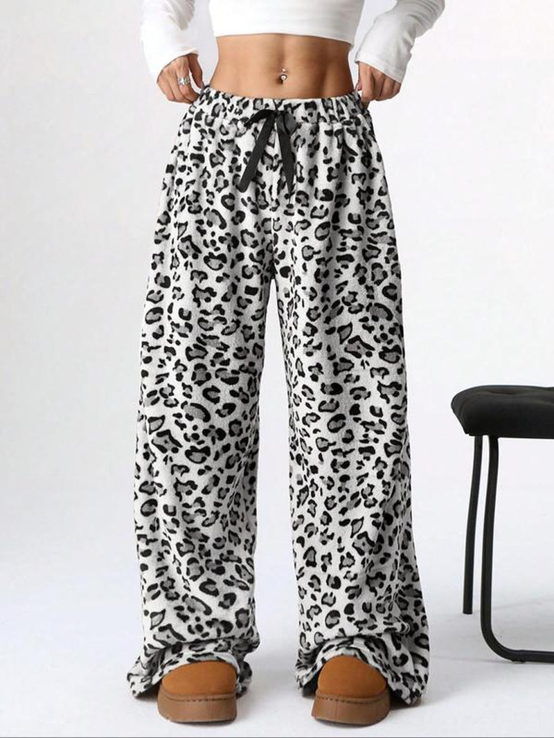 Women'S Leopard Print Bow Decor Elastic Waist Wide Leg Pants, Casual Comfy Trousers for Daily Wear, Ladies Bottoms for Fall & Winter