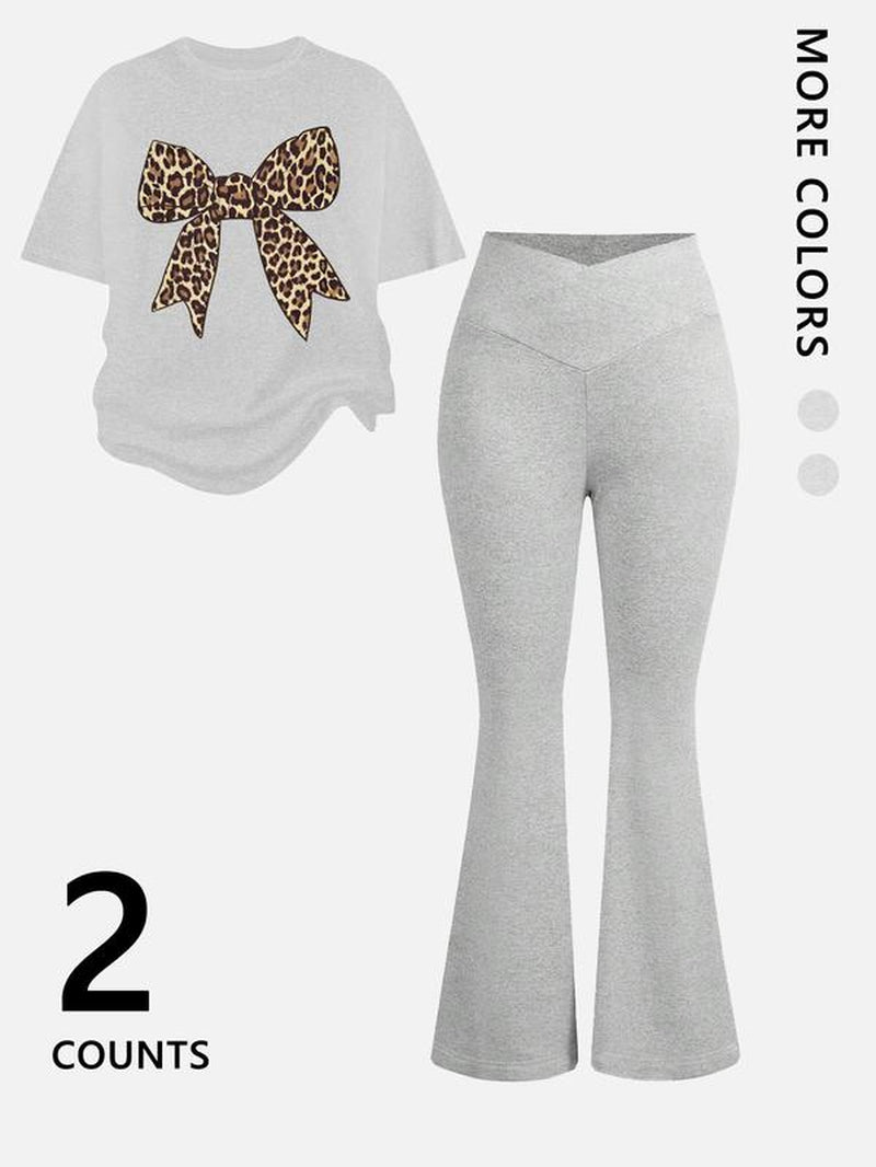 Two-Piece Women'S Suit Featuring Number 23 Bow Print Drop Shoulder T-Shirt and Flared Pants. This Stylish Two-Piece Set Is Perfect for Everyday Wear and Is Trendy for All Seasons, Womenswear