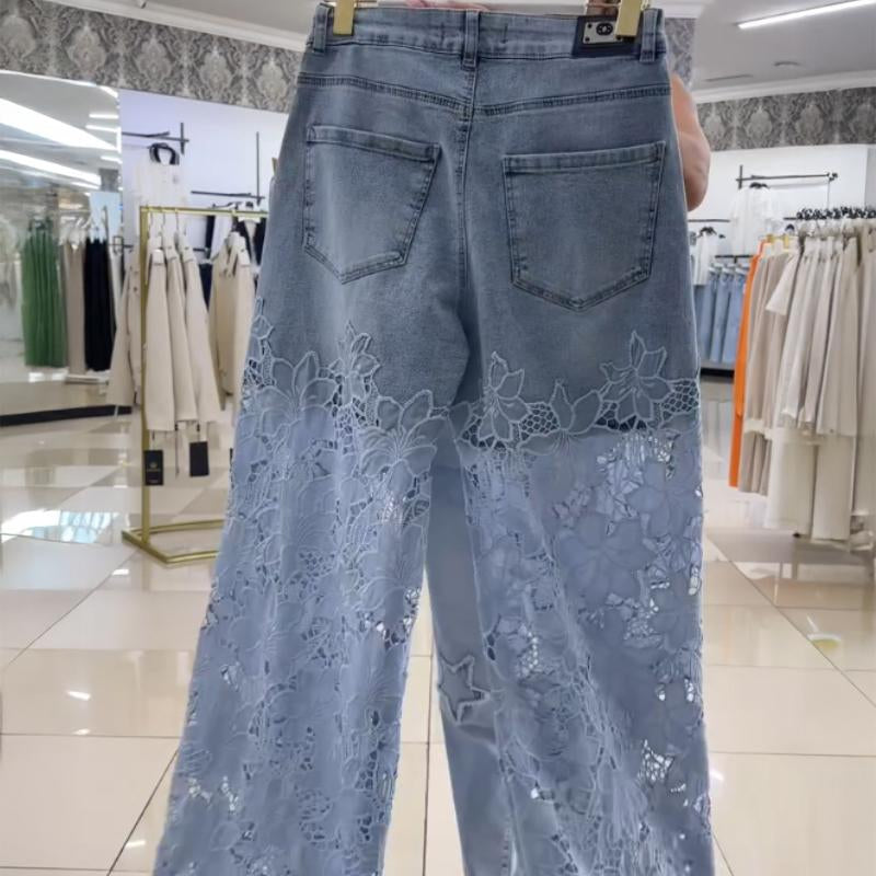 Chicme Guipure Lace Spliced High Waist Zipper Fly Wide Leg Washed Jeans
