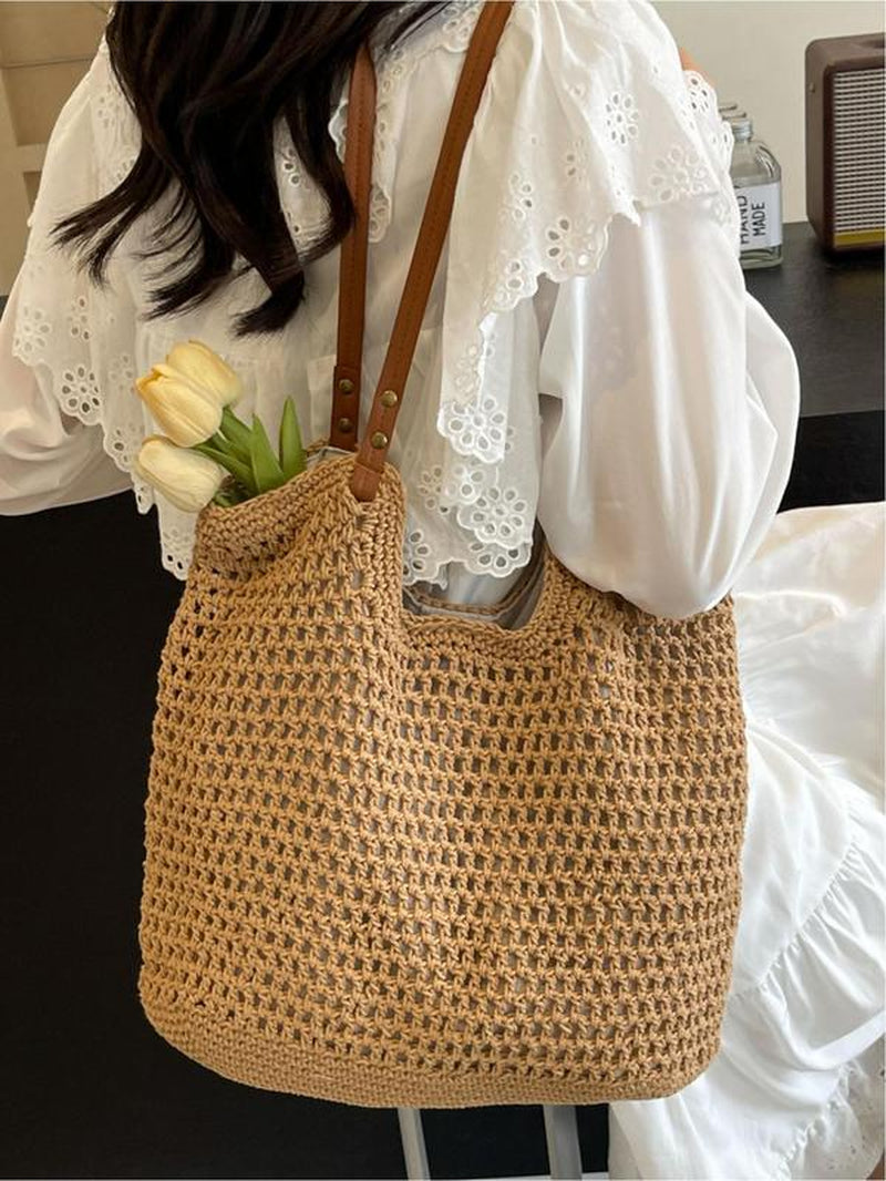 Women'S Solid Color Crochet Shoulder Bag, Large Capacity Tote Bag for Travel, Casual Trendy Versatile High-Quality Daily Commuting Bag, Girl Fashionable Shopping Bag