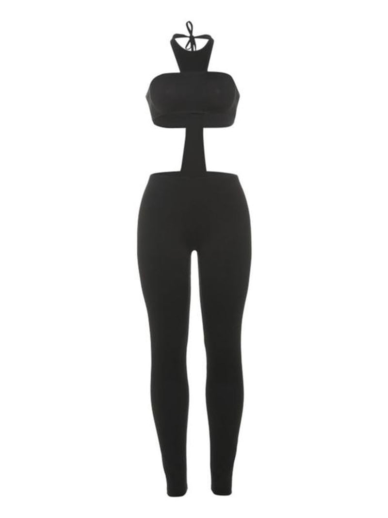 Sexy Bodycon Jumpsuit, Fall Fashion Aesthetics Halter Neck Jumpsuit, Tight-Fitting Plain Color Jumpsuit for Women, Womenswear