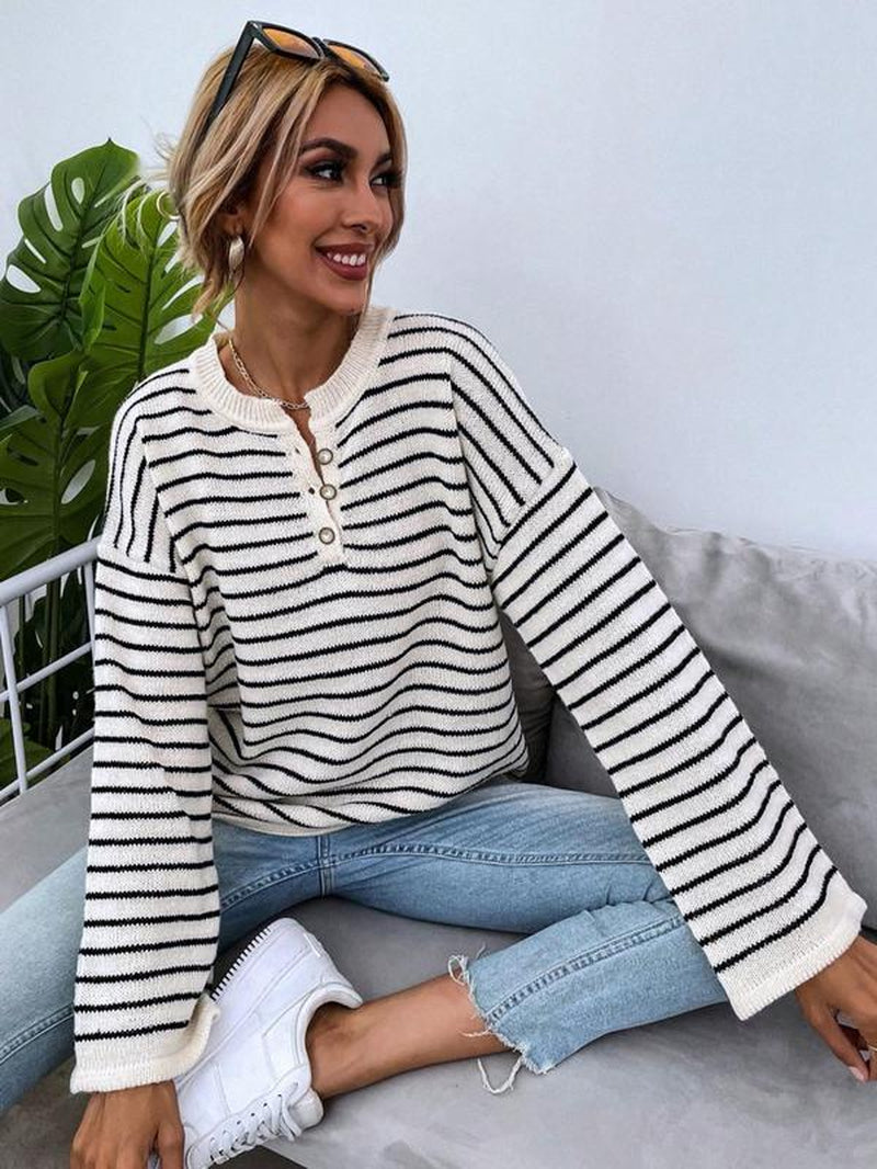 Women'S Colorblock Striped Print Button Front Drop Shoulder Sweater, Casual Long Sleeve round Neck Jumper for Fall & Winter, Fashion Ladies' Knitwear for Daily Wear