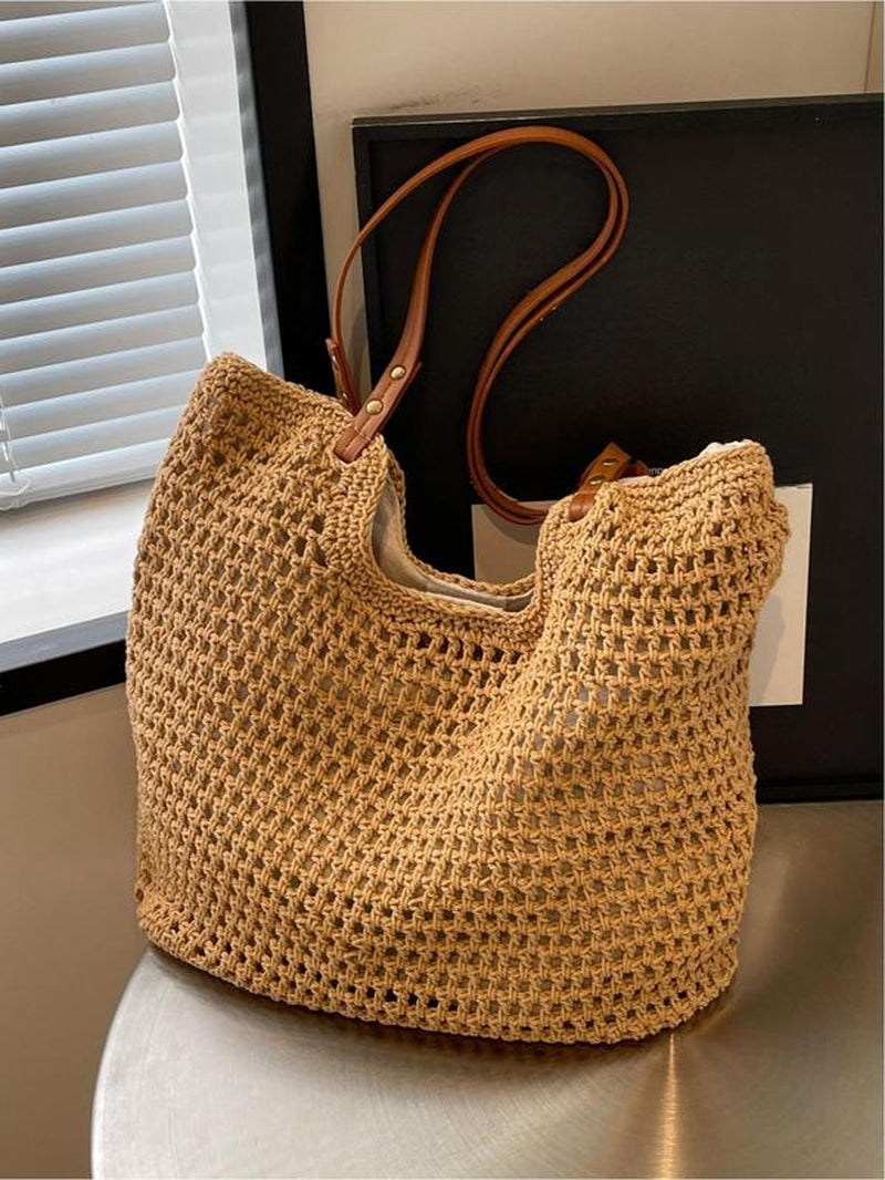 Women'S Solid Color Crochet Shoulder Bag, Large Capacity Tote Bag for Travel, Casual Trendy Versatile High-Quality Daily Commuting Bag, Girl Fashionable Shopping Bag