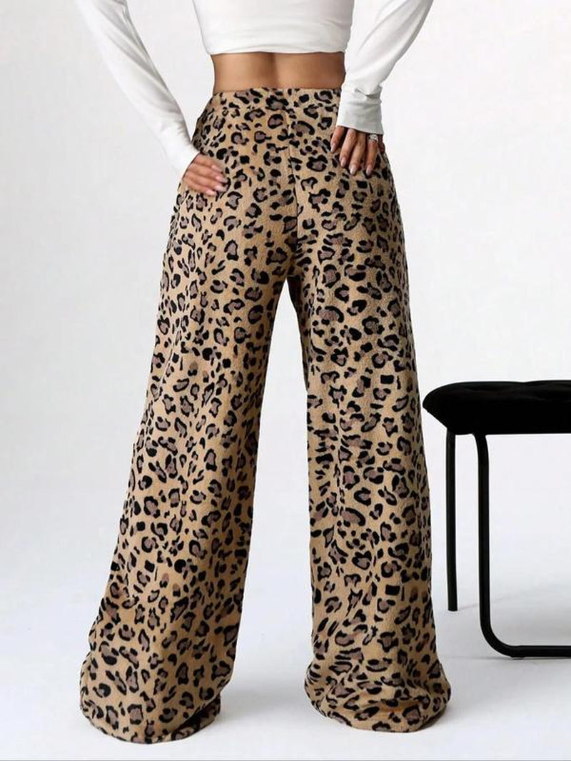 Women'S Leopard Print Bow Decor Elastic Waist Wide Leg Pants, Casual Comfy Trousers for Daily Wear, Ladies Bottoms for Fall & Winter