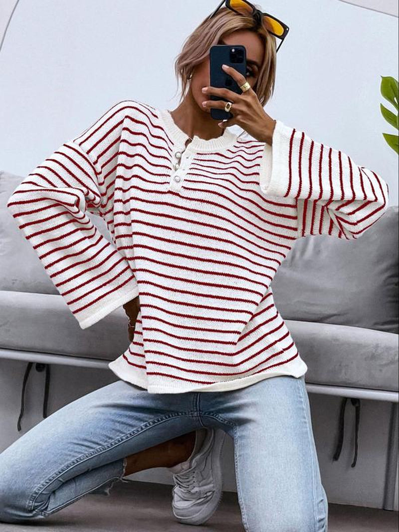 Women'S Colorblock Striped Print Button Front Drop Shoulder Sweater, Casual Long Sleeve round Neck Jumper for Fall & Winter, Fashion Ladies' Knitwear for Daily Wear