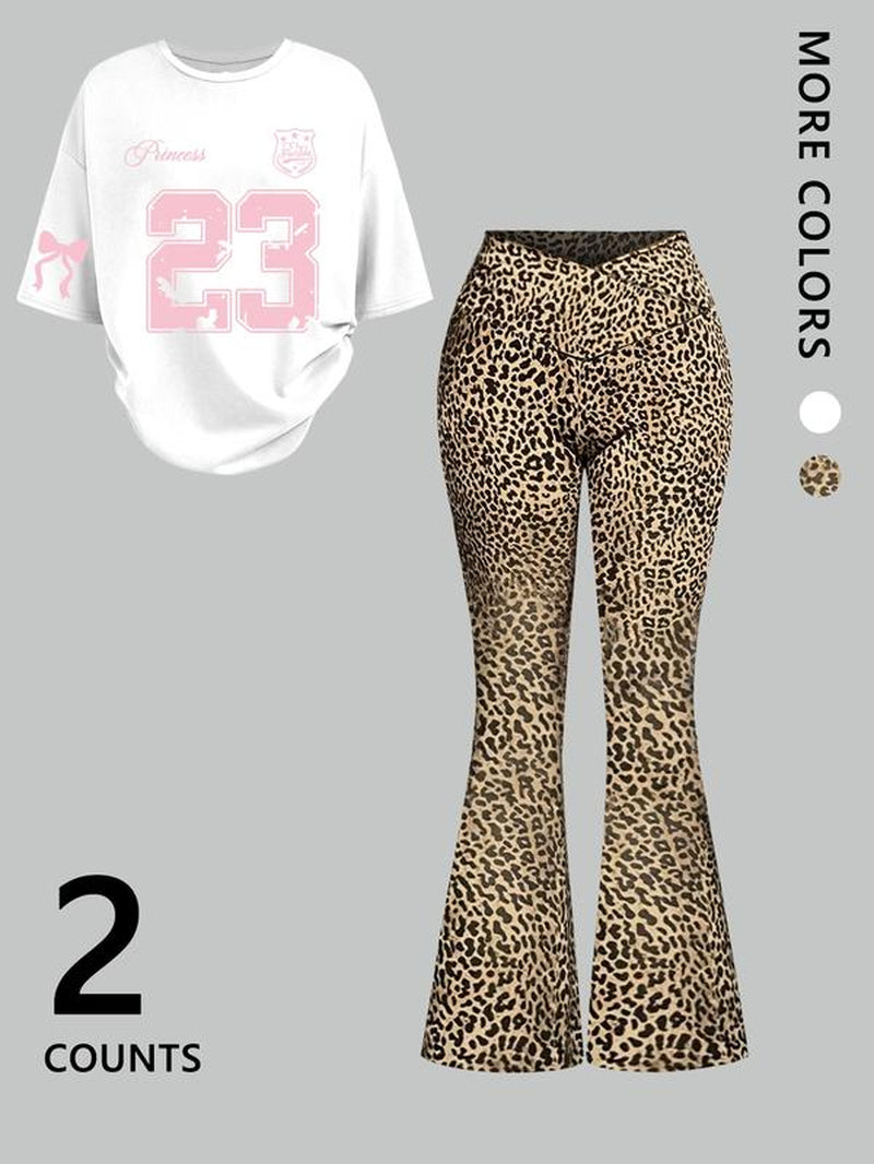 Two-Piece Women'S Suit Featuring Number 23 Bow Print Drop Shoulder T-Shirt and Flared Pants. This Stylish Two-Piece Set Is Perfect for Everyday Wear and Is Trendy for All Seasons, Womenswear