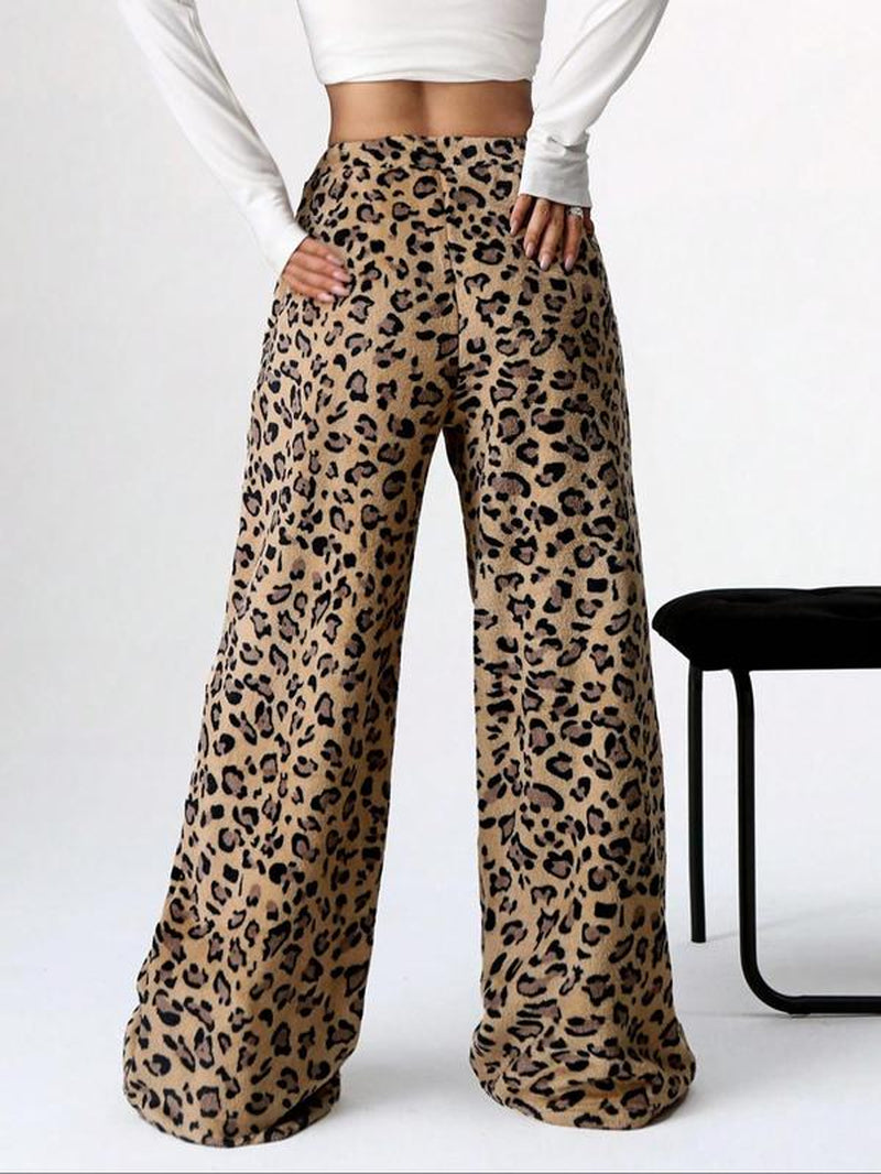 Women'S Leopard Print Bow Decor Elastic Waist Wide Leg Pants, Casual Comfy Trousers for Daily Wear, Ladies Bottoms for Fall & Winter