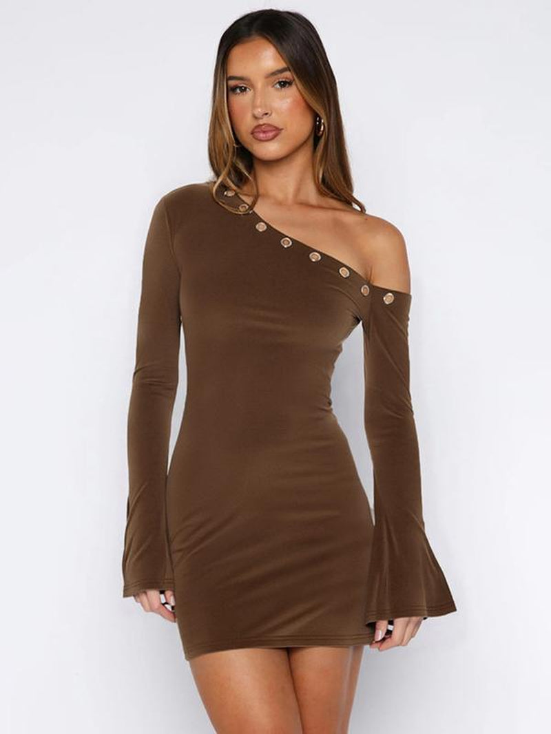 Women'S Slim-Fit Sexy Dress, Summer & Autumn Fashion, Plain Color Asymmetrical Neckline Hollow Out Design, Casual Wear for Women