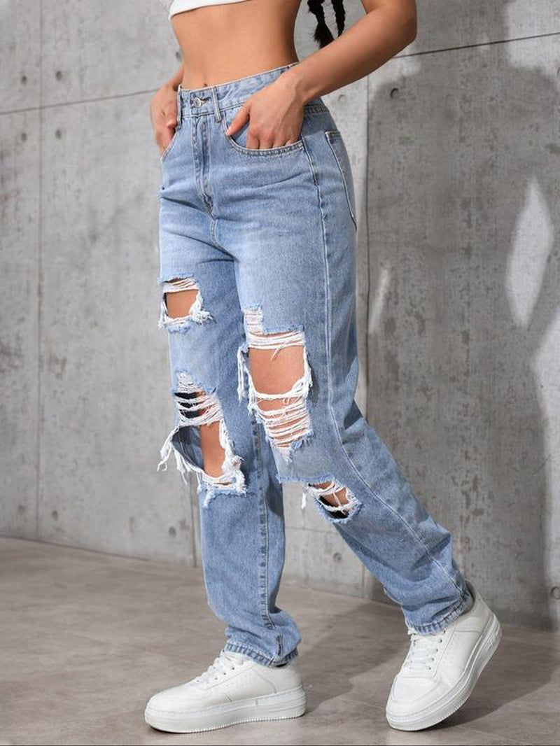 Women'S High Waist Ripped Denim Jeans, Casual Fitted Long Pants, Plain Pattern, Zipper Fly, All Seasons Fashion