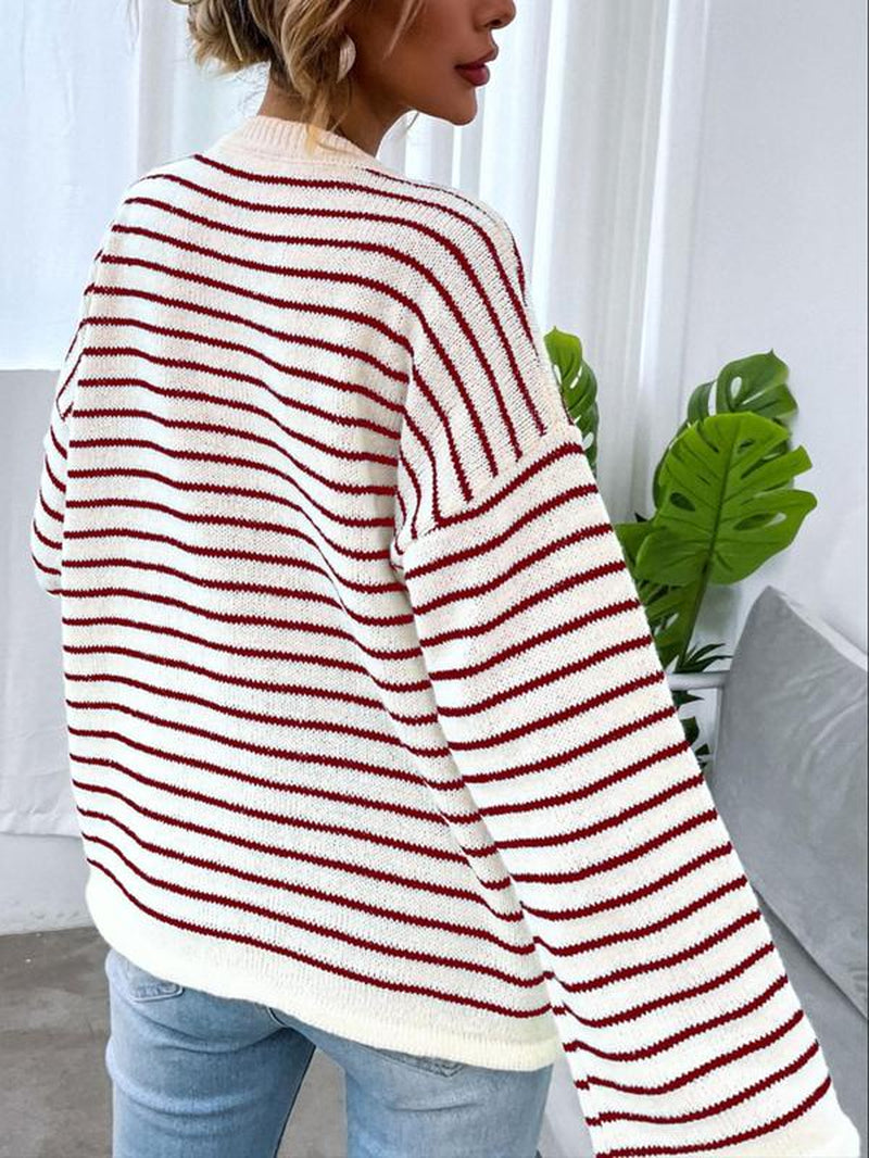 Women'S Colorblock Striped Print Button Front Drop Shoulder Sweater, Casual Long Sleeve round Neck Jumper for Fall & Winter, Fashion Ladies' Knitwear for Daily Wear