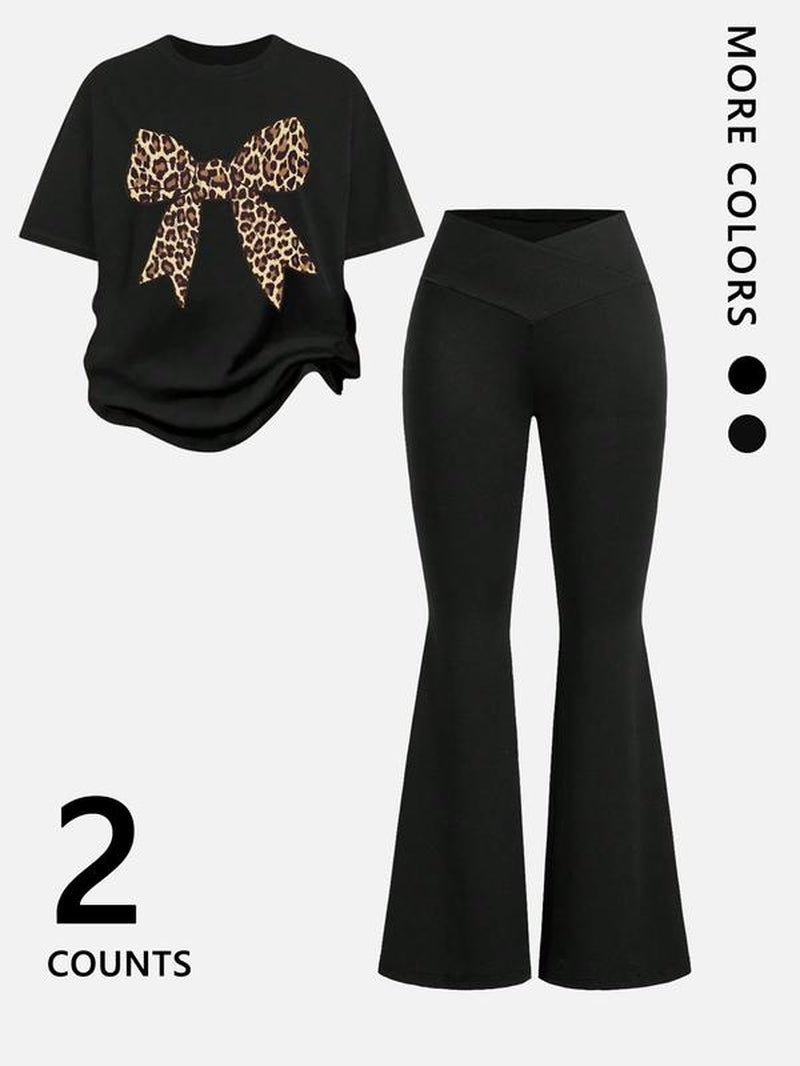 Two-Piece Women'S Suit Featuring Number 23 Bow Print Drop Shoulder T-Shirt and Flared Pants. This Stylish Two-Piece Set Is Perfect for Everyday Wear and Is Trendy for All Seasons, Womenswear