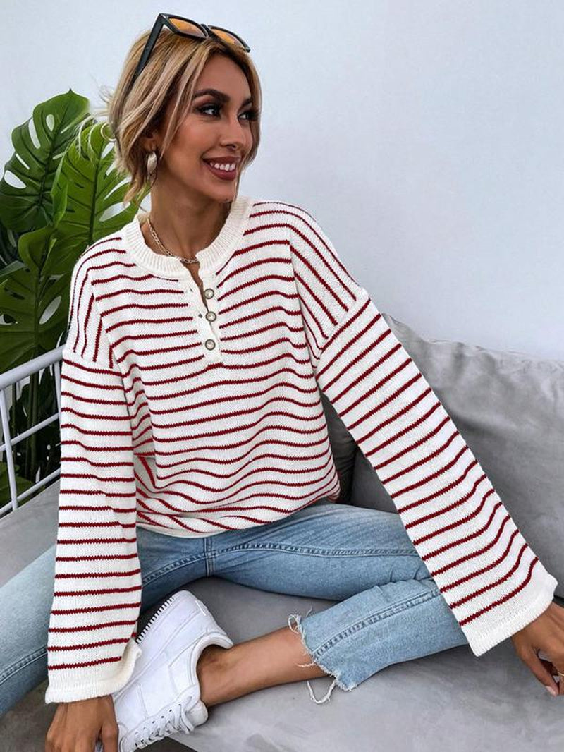 Women'S Colorblock Striped Print Button Front Drop Shoulder Sweater, Casual Long Sleeve round Neck Jumper for Fall & Winter, Fashion Ladies' Knitwear for Daily Wear