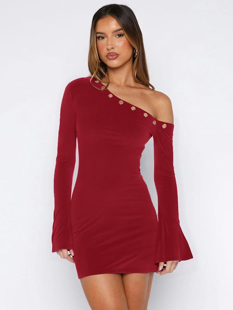 Women'S Slim-Fit Sexy Dress, Summer & Autumn Fashion, Plain Color Asymmetrical Neckline Hollow Out Design, Casual Wear for Women
