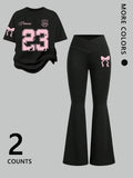 Two-Piece Women'S Suit Featuring Number 23 Bow Print Drop Shoulder T-Shirt and Flared Pants. This Stylish Two-Piece Set Is Perfect for Everyday Wear and Is Trendy for All Seasons, Womenswear
