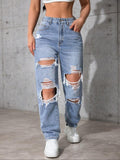 Women'S High Waist Ripped Denim Jeans, Casual Fitted Long Pants, Plain Pattern, Zipper Fly, All Seasons Fashion