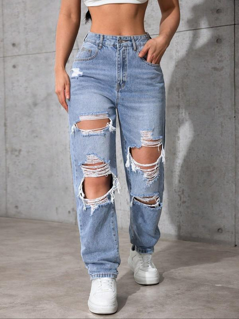 Women'S High Waist Ripped Denim Jeans, Casual Fitted Long Pants, Plain Pattern, Zipper Fly, All Seasons Fashion