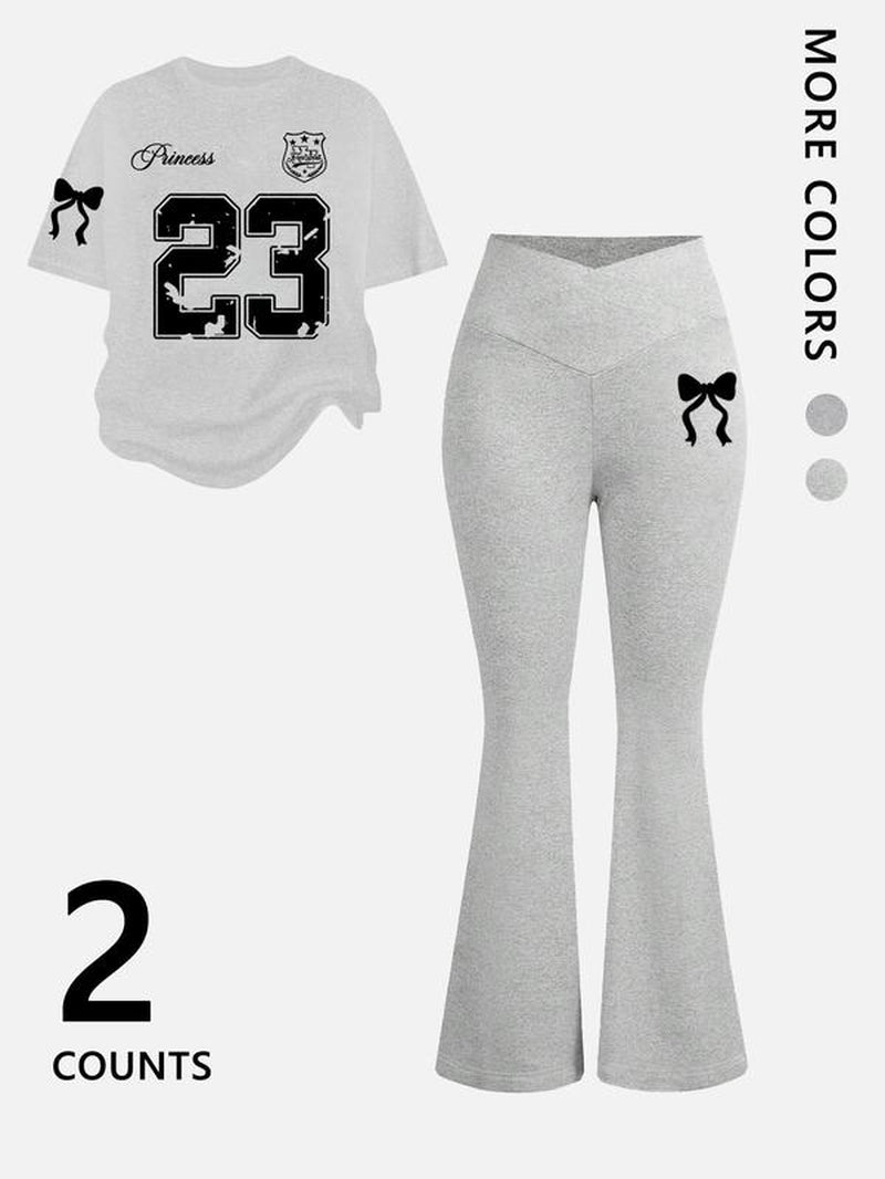 Two-Piece Women'S Suit Featuring Number 23 Bow Print Drop Shoulder T-Shirt and Flared Pants. This Stylish Two-Piece Set Is Perfect for Everyday Wear and Is Trendy for All Seasons, Womenswear