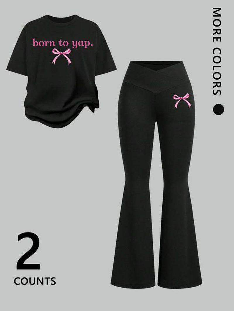 Two-Piece Women'S Suit Featuring Number 23 Bow Print Drop Shoulder T-Shirt and Flared Pants. This Stylish Two-Piece Set Is Perfect for Everyday Wear and Is Trendy for All Seasons, Womenswear