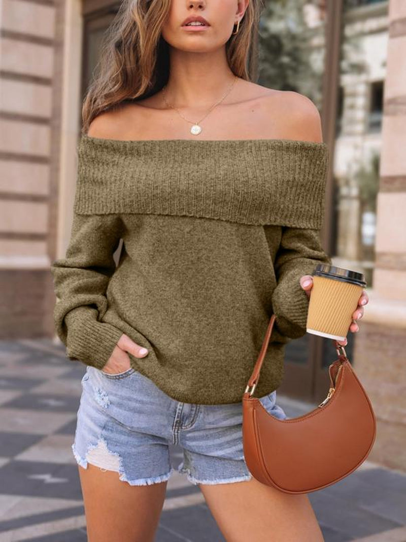 Women'S Off-Shoulder Long Sleeve Pullover Sweater, Solid Color Casual Cozy Stylish Elegant Loose Fit Sweater Top for Fall & Winter, Ladies Fashion Sweater, Women Fall Outfit, Cute Winter Sweater for Women